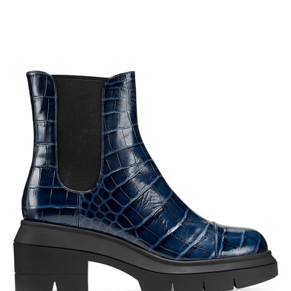 Stuart Weitzman Norah Chelsea Navy Embossed Croc Leather Women's Bootie